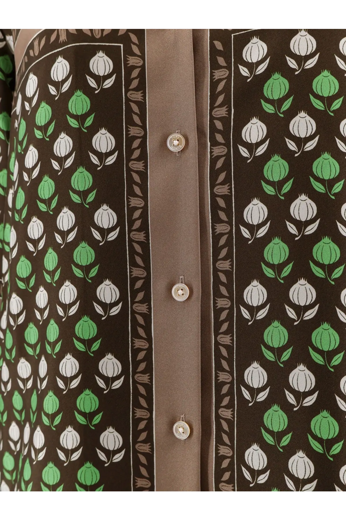Tory Burch women’s brown silk blouse with green and white tulip pattern and silver buttons down the front