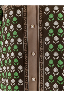 Tory Burch women’s brown silk blouse with green and white tulip pattern and silver buttons down the front