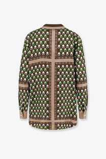 Tory Burch women’s multicolor silk long-sleeved blouse brown with light green and cream floral geometric pattern