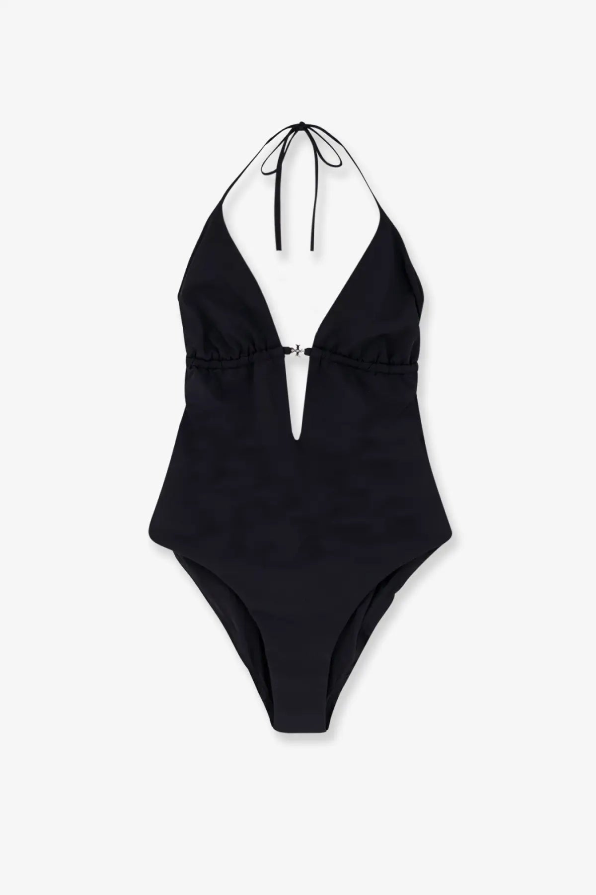 Tory Burch women’s black nylon one-piece swimsuit with deep v-neckline and adjustable shoulder ties