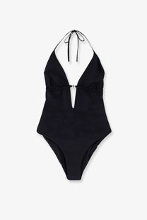 Tory Burch women’s black nylon one-piece swimsuit with deep v-neckline and adjustable shoulder ties