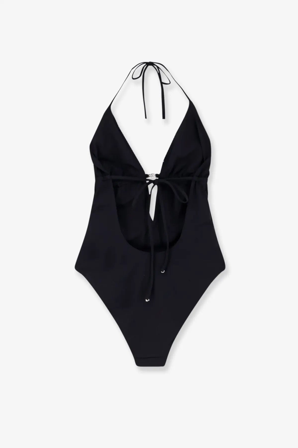 Tory Burch women’s black nylon halter one-piece swimsuit with deep v-neck and adjustable ties at neck waist and legs