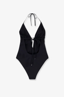 Tory Burch women’s black nylon halter one-piece swimsuit with deep v-neck and adjustable ties at neck waist and legs