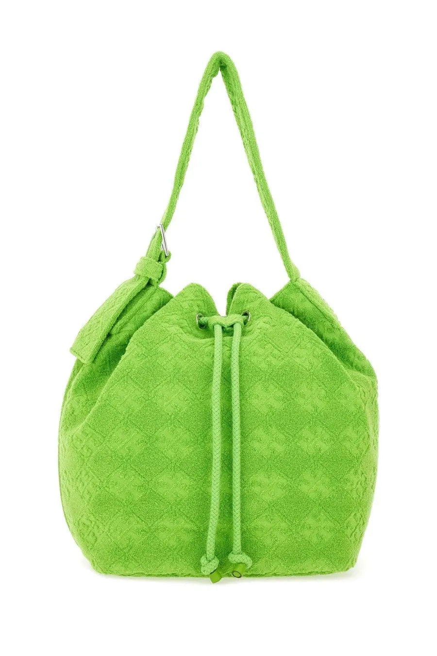 Tory Burch women’s oversized monogram bucket bag in bright lime green with textured woven pattern and matching strap