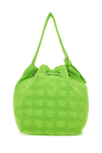 Tory burch women’s oversized monogram bucket bag green bright lime textured drawstring with braided strap