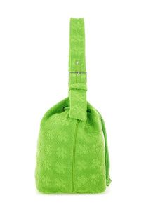 Tory Burch women’s oversized monogram bucket bag in bright lime green quilted fabric with drawstring and silver buckle