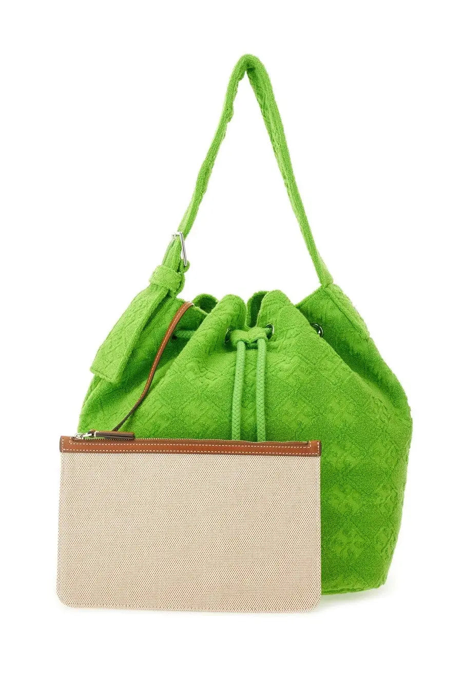 Tory burch women’s oversized monogram bucket bag in vibrant lime green with brown leather trim and braided handle