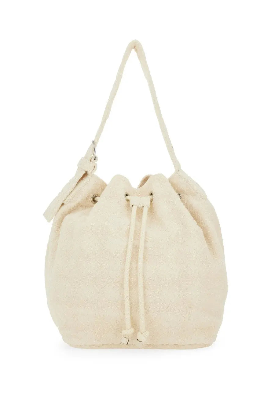 Tory Burch women’s oversized monogram bucket bag in cream-colored suede with drawstring closure and shoulder strap