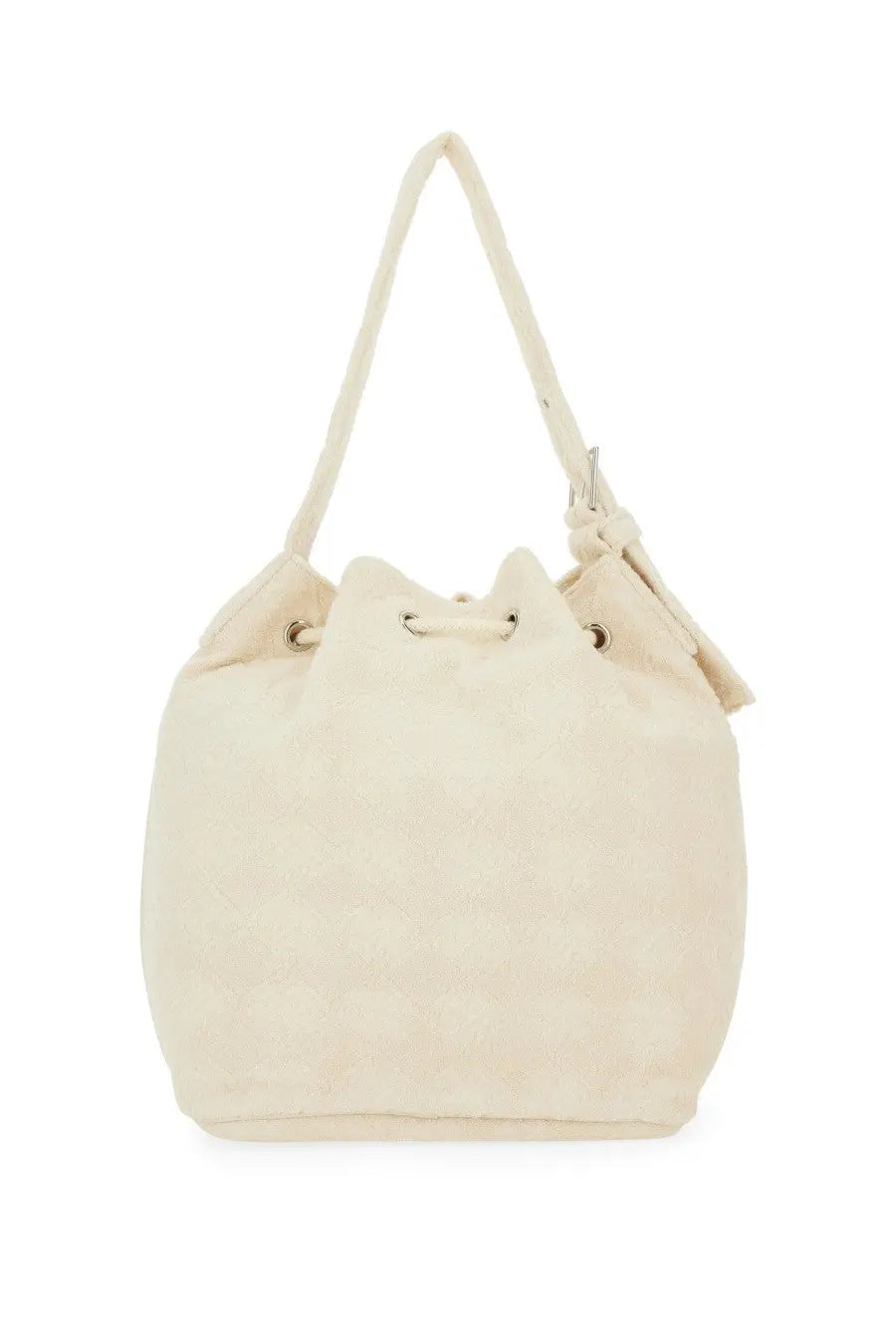 Tory Burch women’s oversized monogram bucket bag in cream-colored suede with drawstring closure and shoulder strap