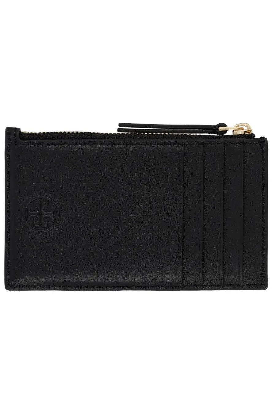 Tory burch women’s black leather cardholder with gold-tone zipper pull and embossed logo for everyday use