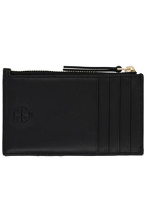 Tory burch women’s black leather cardholder with gold-tone zipper pull and embossed logo for everyday use
