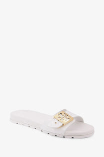 White tory burch women’s patent synthetic leather slide sandal with gold-tone buckle and embossed logo