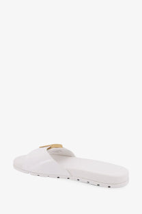 Tory burch women’s patent synthetic leather white slide sandal with gold-tone buckle detail