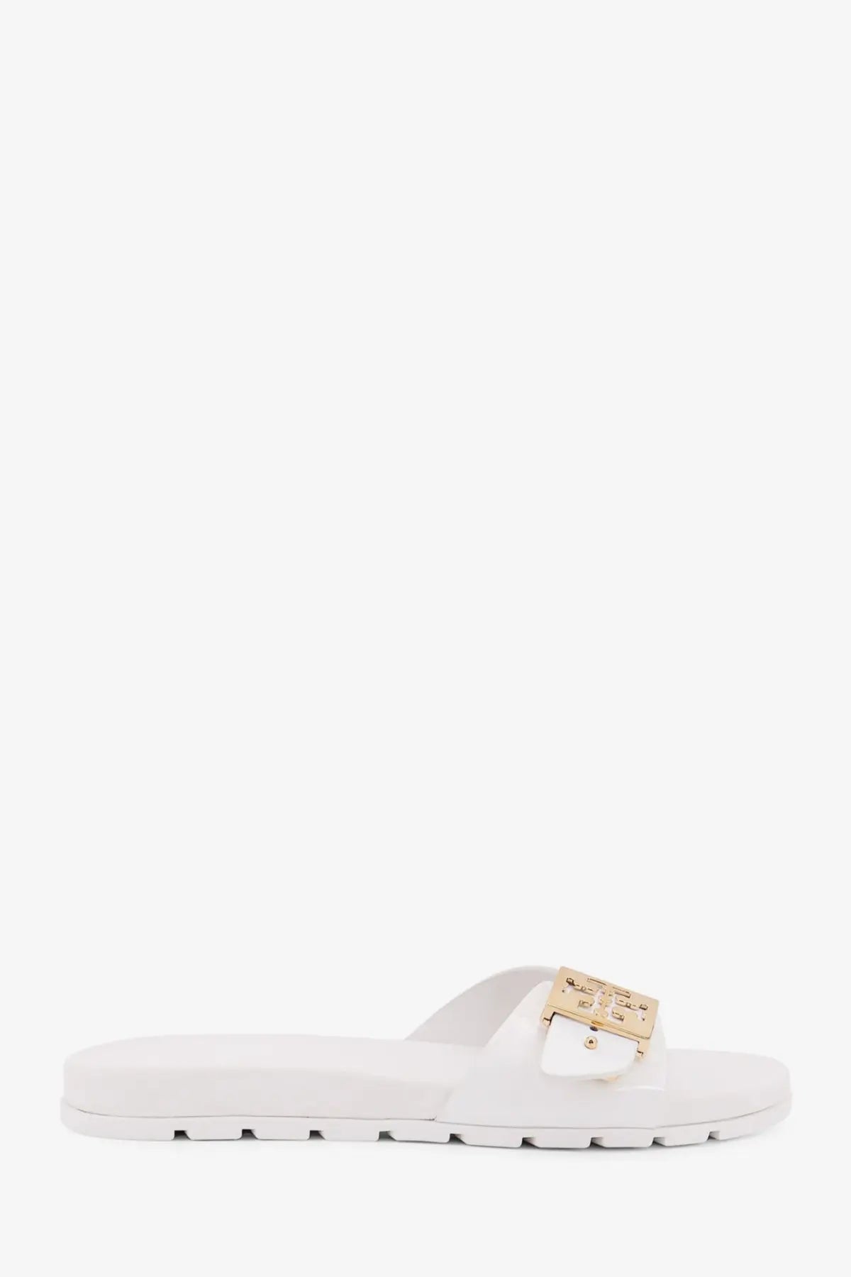 White tory burch patent synthetic leather slide sandal with gold-tone rectangular buckle and embossed logo