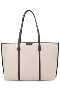 Beige canvas tote bag with dark brown leather handles and trim featuring minimalist design by Tory Burch Women’s Perry Bag