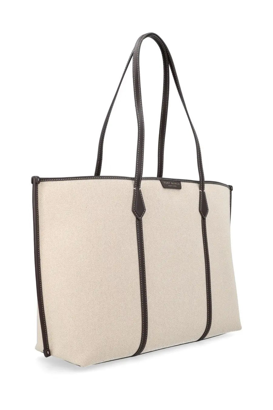Tory Burch women’s Perry beige canvas tote bag with dark brown leather handles and trim
