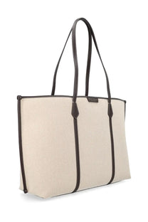 Tory Burch women’s Perry beige canvas tote bag with dark brown leather handles and trim