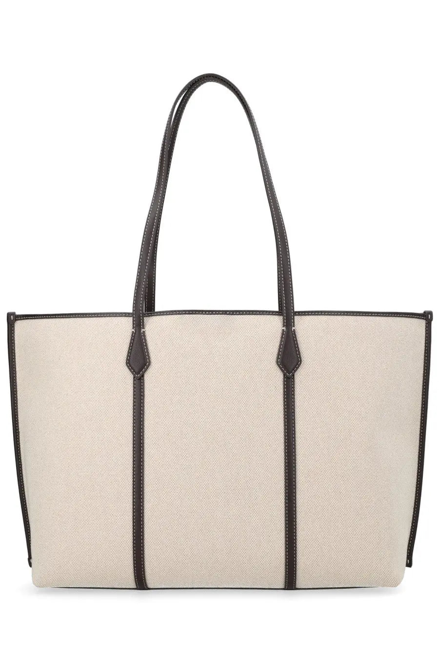 Tory Burch women’s Perry bag beige cream canvas tote with dark brown leather handles and trim