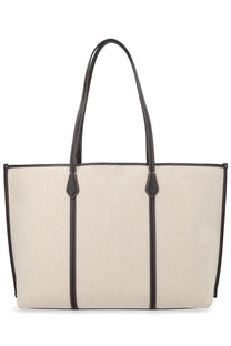 Tory Burch women’s Perry bag beige cream canvas tote with dark brown leather handles and trim