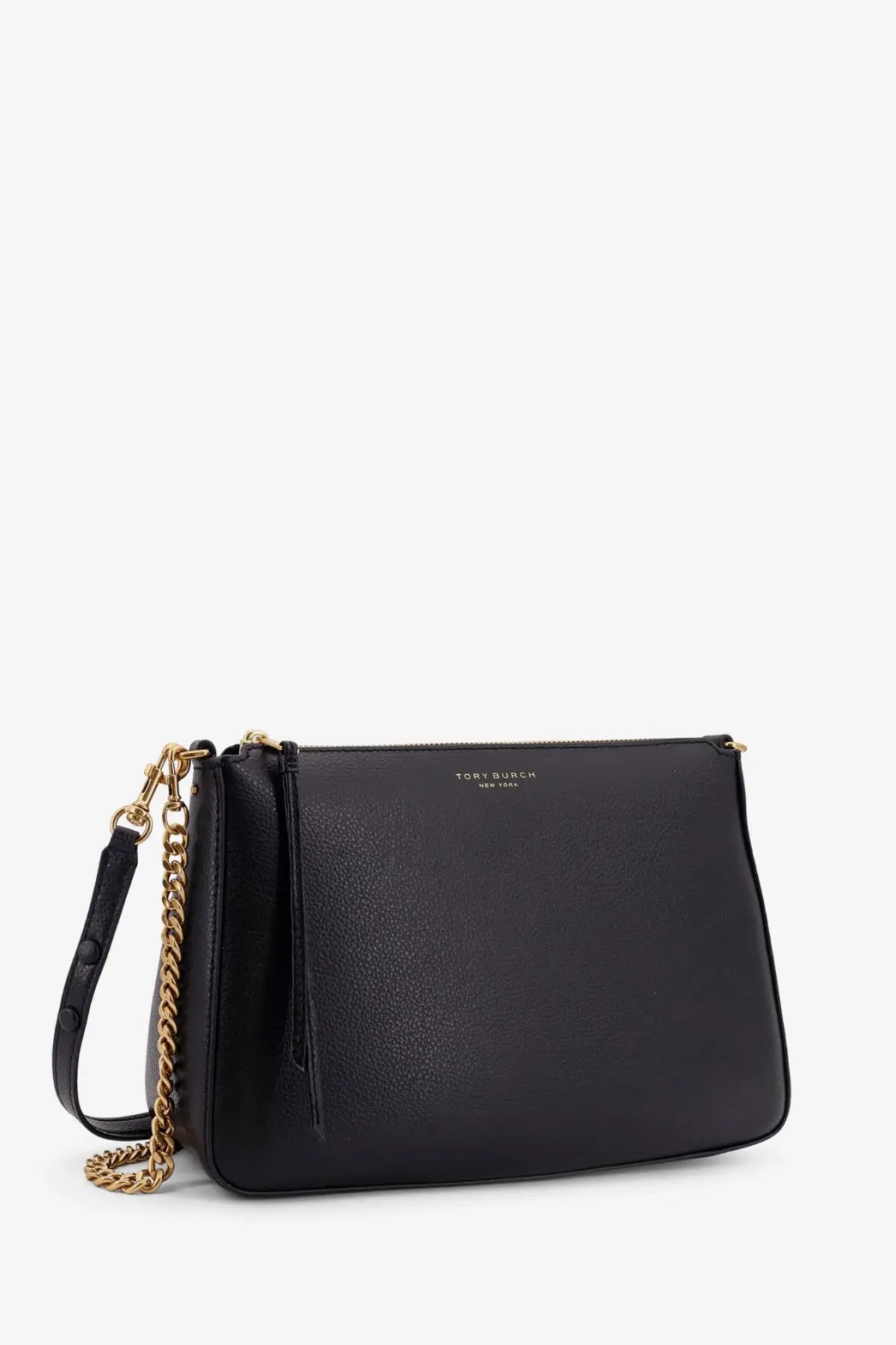 Black leather Tory Burch women’s Perry shoulder bag with gold-tone chain strap and embossed logo on front