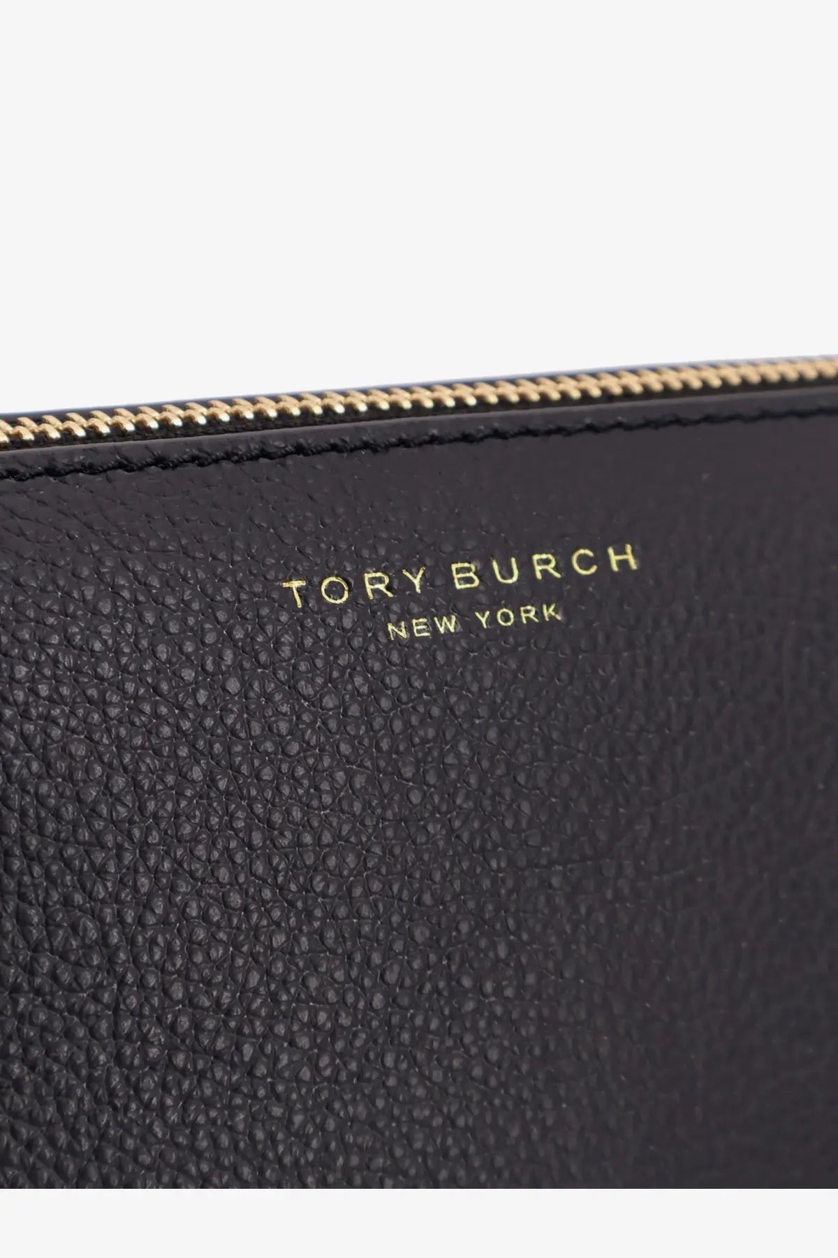 Black tory burch women’s perry leather shoulder bag clutch with textured leather gold-tone zipper and embossed logo