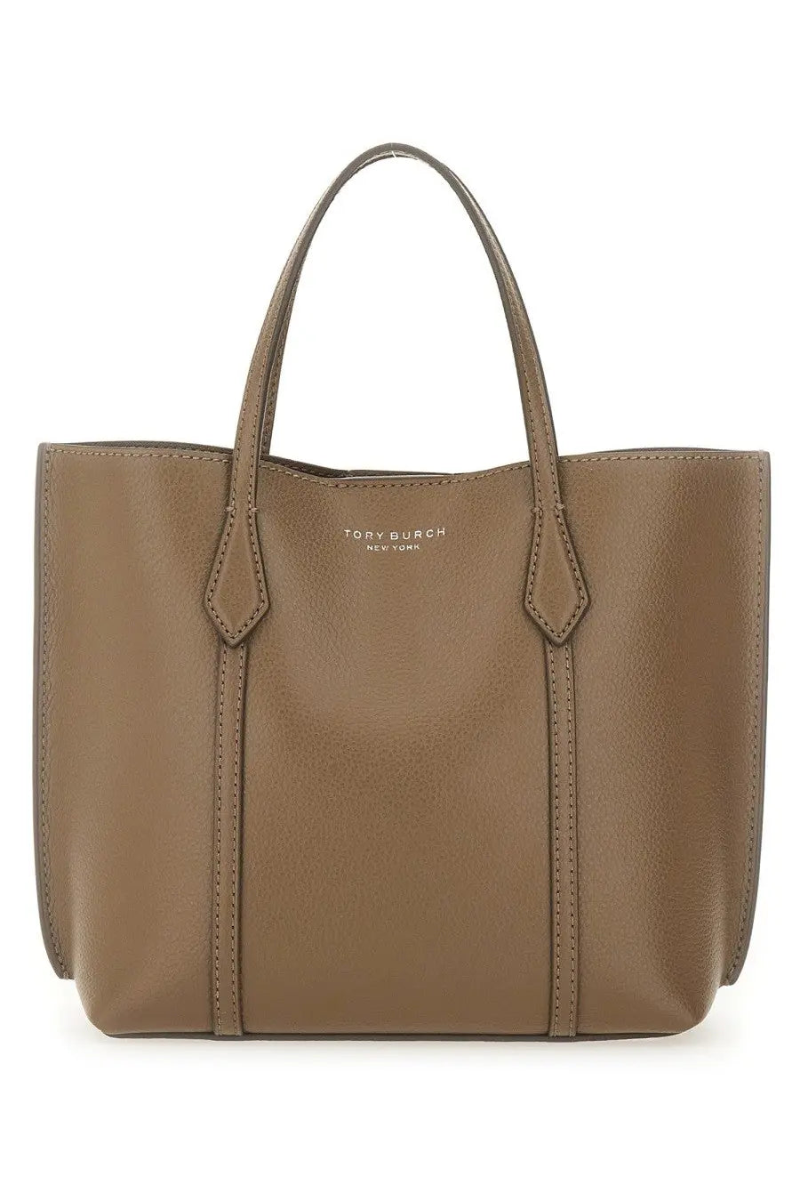 Tan leather tote bag with structured design and top handles from Tory Burch women’s Perry shopping bag brown