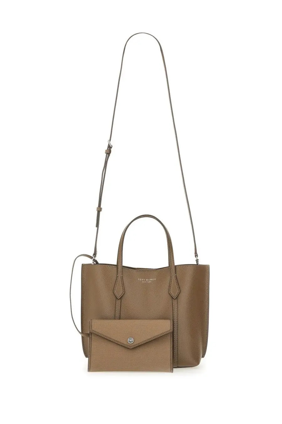 Tan leather Tory Burch women’s Perry shopping tote bag with sleek silver-tone hardware and matching envelope wallet