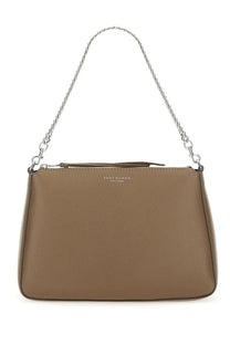 Tory Burch women’s Perry shoulder bag in tan leather with silver chain strap and Tony Burch New York logo embossed