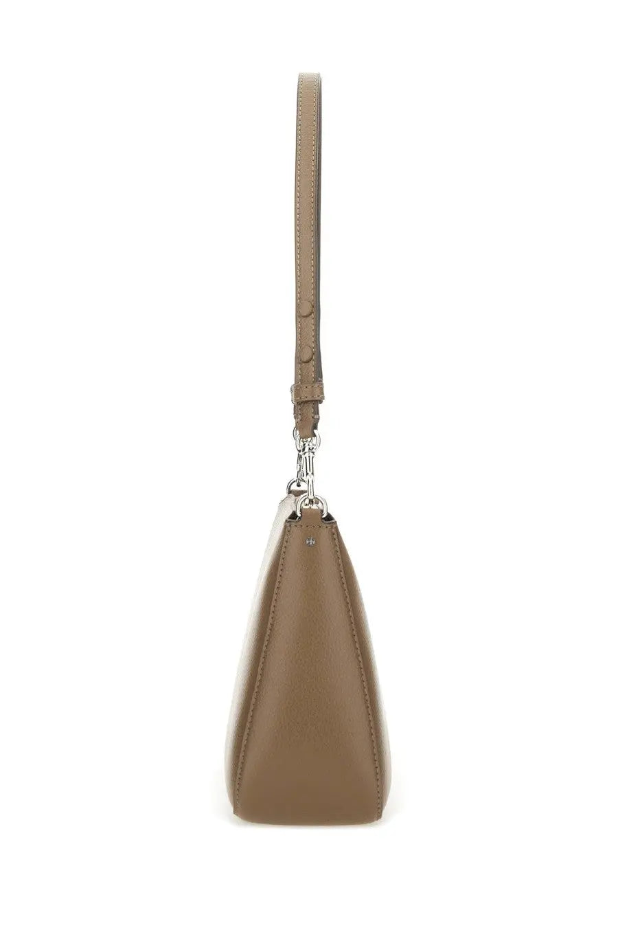 Tory Burch women’s Perry shoulder bag in grey leather with tan shoulder strap and silver toned hardware
