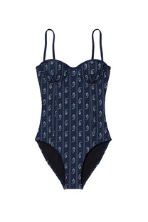 Tory Burch women’s navy blue one-piece swimsuit with fitted corset bodice and white paisley pattern with dotted lines