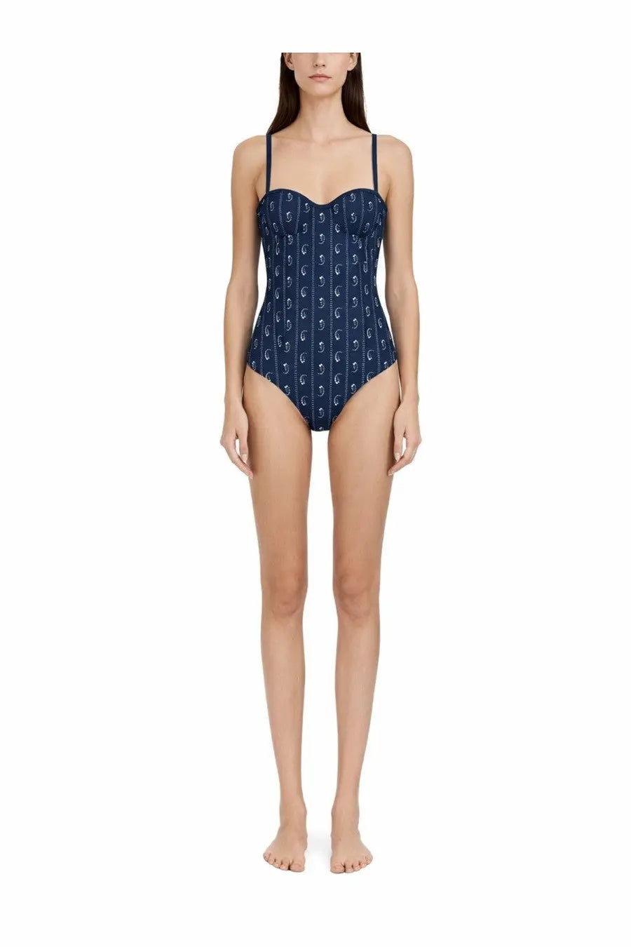 Navy blue Tory Burch women’s one piece swimsuit with white anchor pattern and thin straps for beachwear