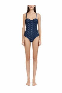 Navy blue Tory Burch women’s one piece swimsuit with white anchor pattern and thin straps for beachwear