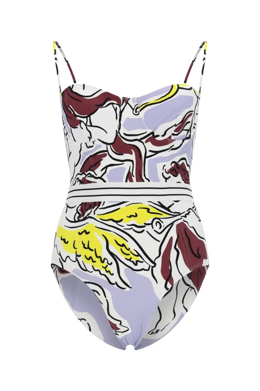 Tory Burch women’s one piece swimsuit with thin straps and maroon yellow winged graphic on light lavender background