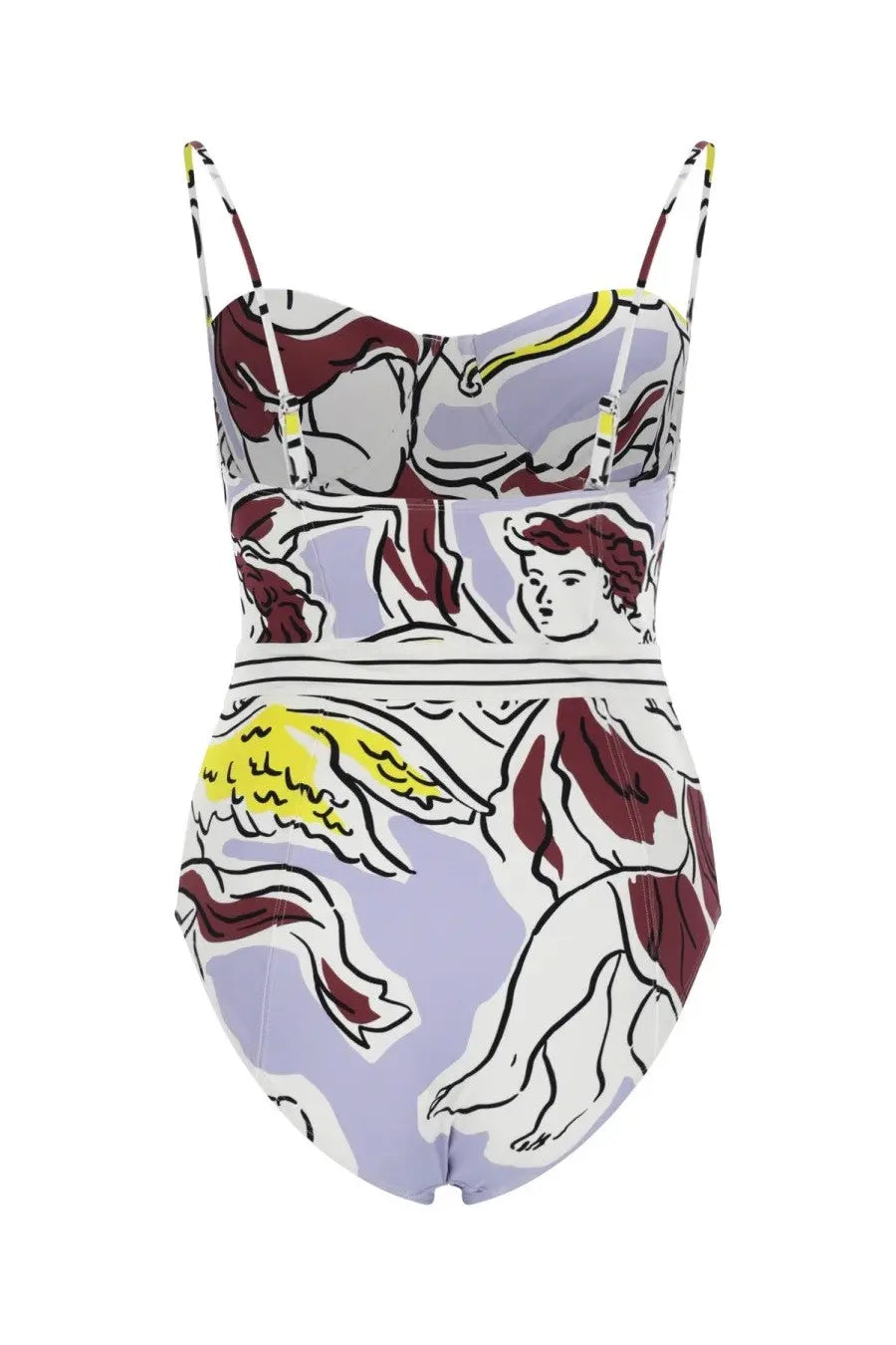 Tory burch women’s one piece swimsuit with thin straps featuring maroon and yellow angelic print on lavender background