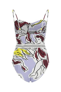 Tory burch women’s one piece swimsuit with thin straps featuring maroon and yellow angelic print on lavender background