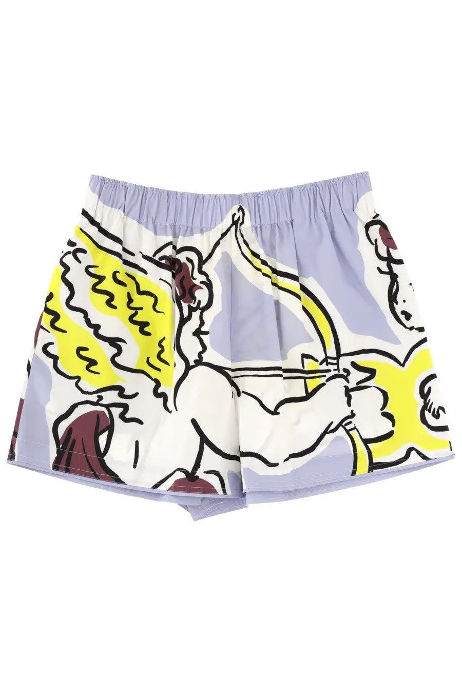 Tory Burch women’s light purple printed shorts with bold white and yellow cartoon cupid graphic and black outlines
