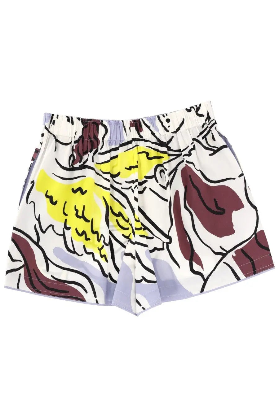 Tory Burch women’s white printed shorts with bold yellow and maroon cartoonish abstract shapes outlined in black