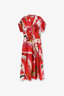 Tory Burch women’s printed silk chemisier dress in vibrant red and white floral print with short sleeves and side pockets