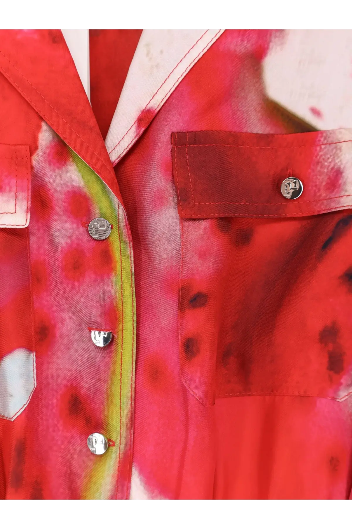 Tory burch women’s printed silk chemisier dress in blue with vibrant red and pink watercolor-style print and silver buttons