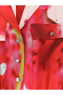 Tory burch women’s printed silk chemisier dress in blue with vibrant red and pink watercolor-style print and silver buttons