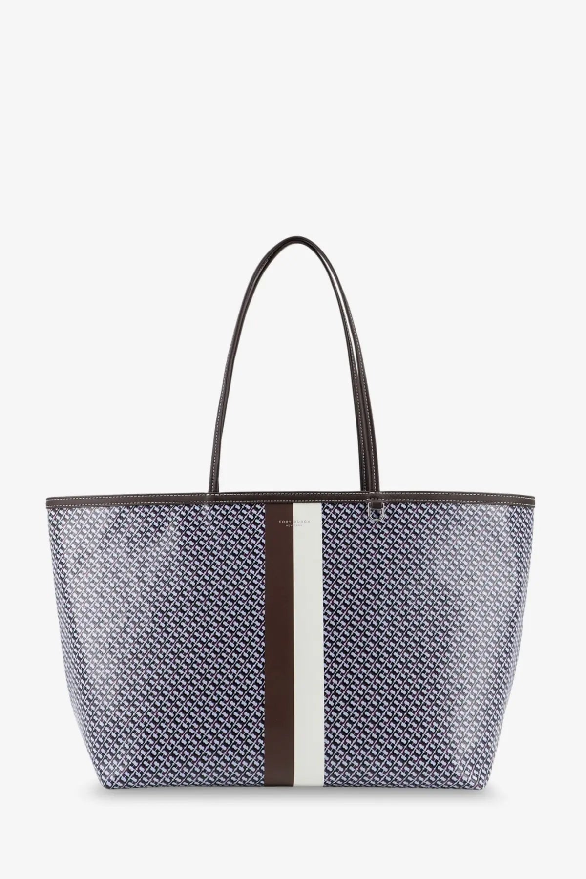 Tory Burch women’s the racer tote shoulder bag in coated canvas blue navy white pattern with brown leather stripe and black handles
