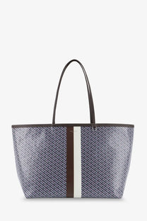 Tory Burch women’s the racer tote shoulder bag in coated canvas blue navy white pattern with brown leather stripe and black handles