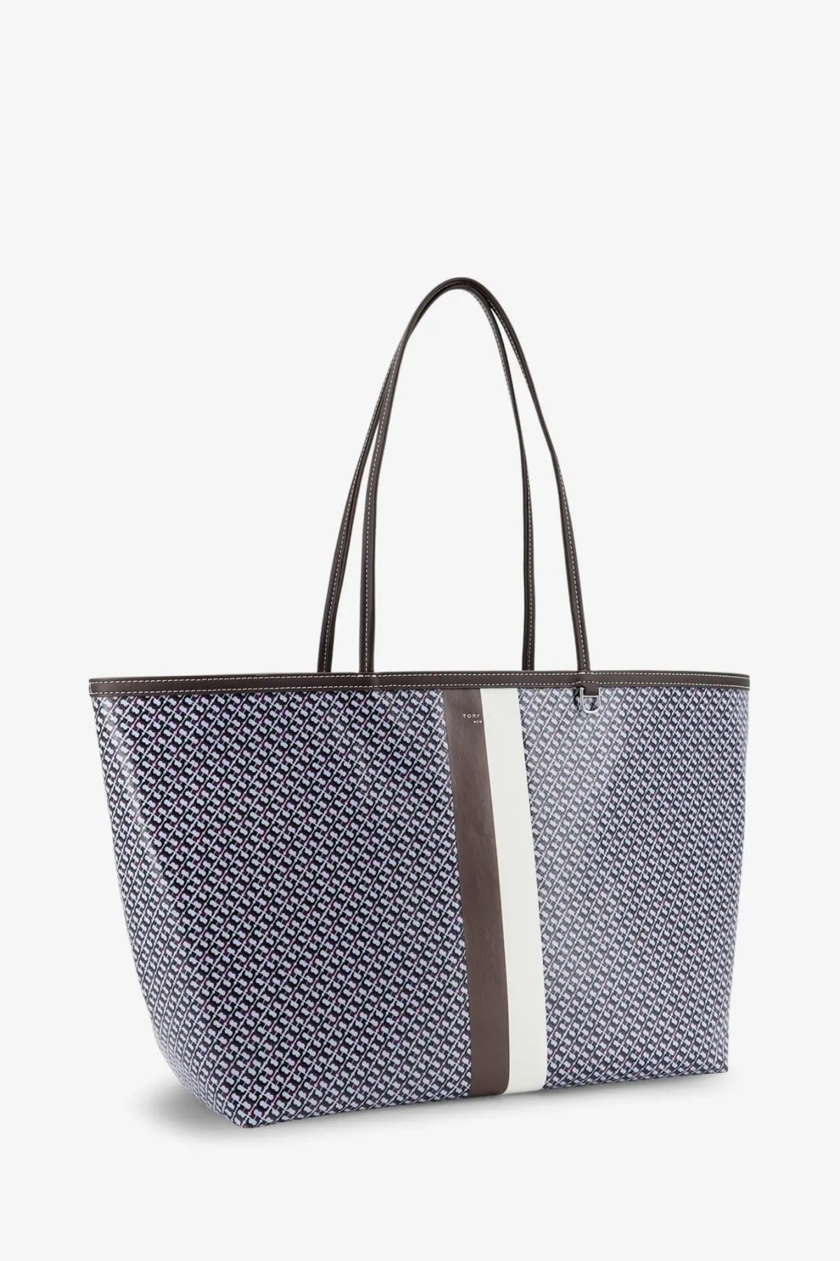 Tory Burch women’s the racer tote shoulder bag in coated canvas blue navy and white pattern with brown leather trim and black handles