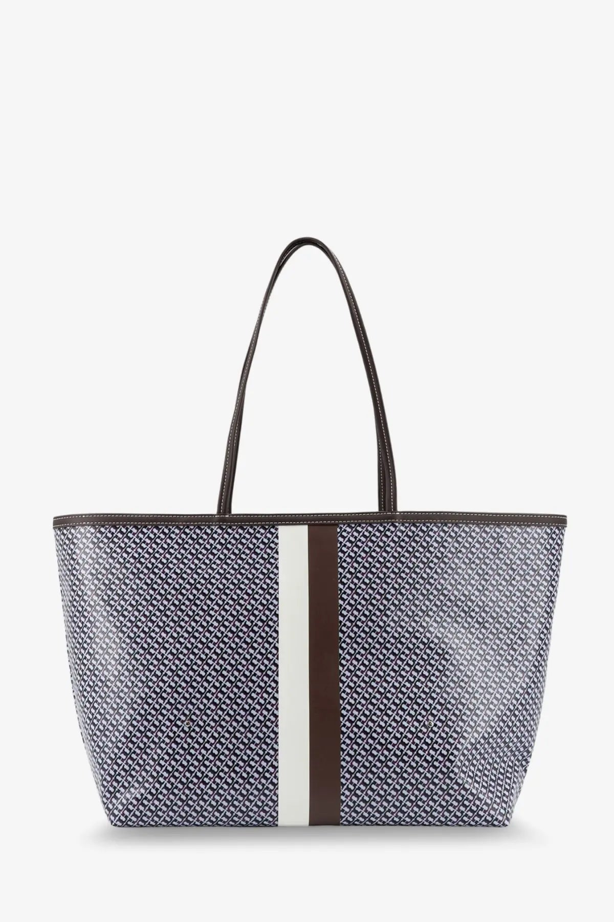 Tory Burch women’s the racer tote bag in coated canvas blue with navy white pattern and brown leather handles