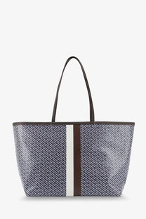 Tory Burch women’s the racer tote bag in coated canvas blue with navy white pattern and brown leather handles