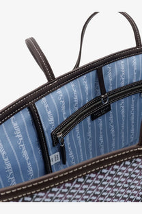 Tory Burch women’s The Racer tote shoulder bag in blue coated canvas with blue and white striped lining and brown leather trim