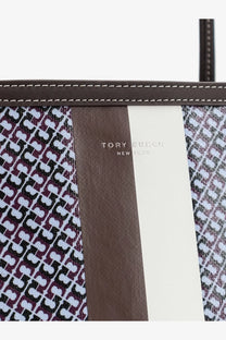Tory Burch women’s the racer tote shoulder bag in coated canvas blue with geometric pattern and brown leather trim