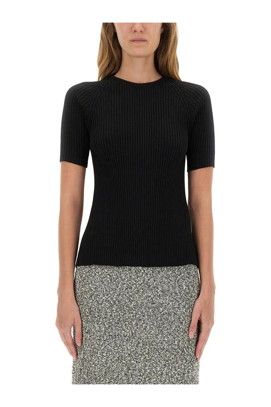 Black ribbed cotton short-sleeved pullover top for women by Tory Burch featuring a fitted knit design