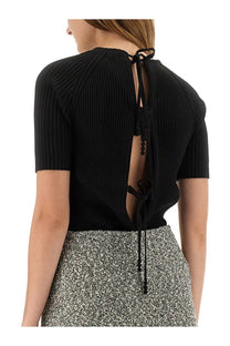 Black ribbed knit cotton pullover with back tie detail from Tory Burch women’s collection showing the back side