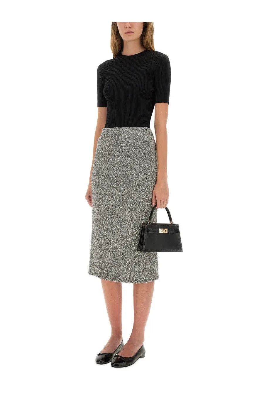 Black leather handbag with gold-tone hardware and top handles paired with tory burch women’s ribbed cotton pullover black